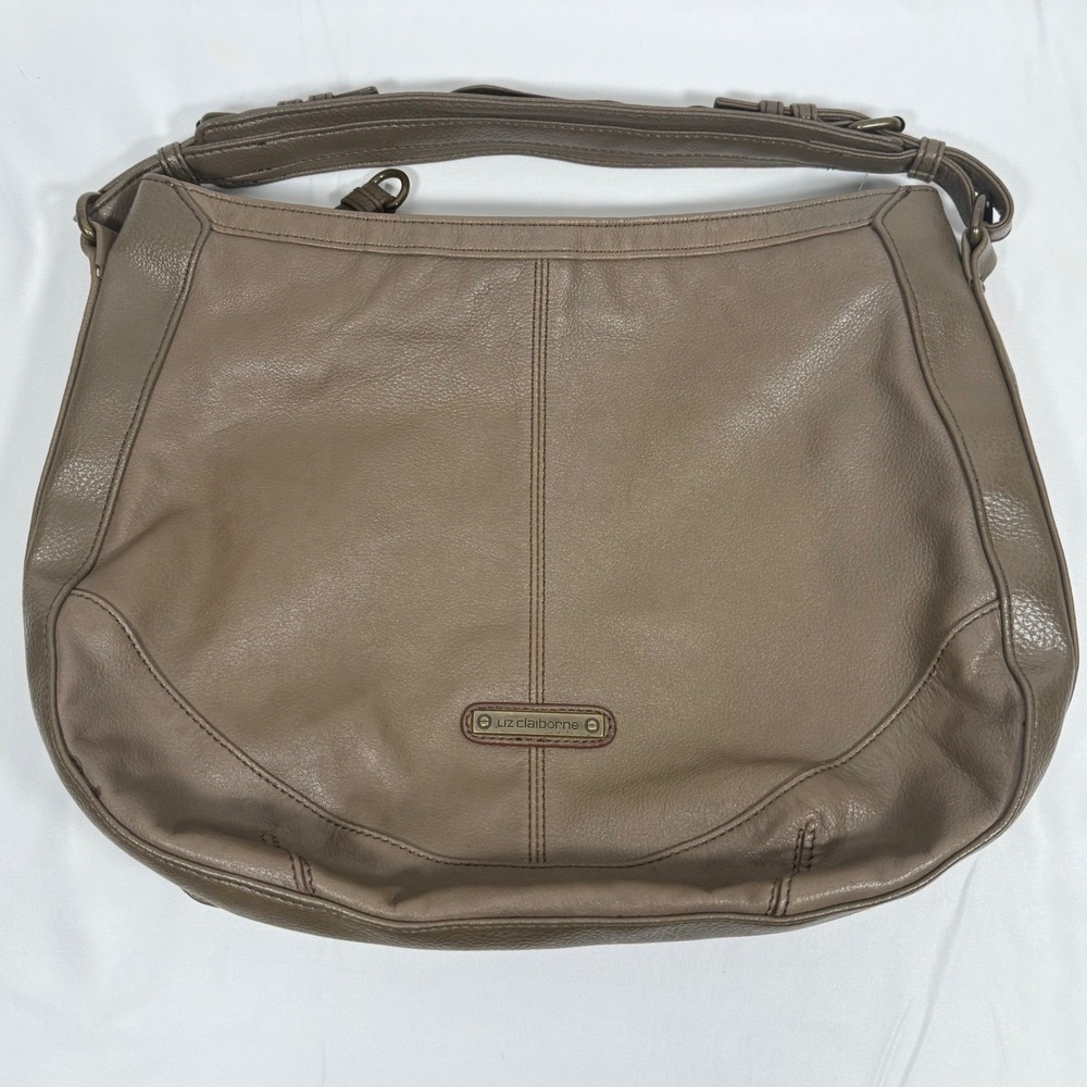 Liz Claiborne Hobo Bag Women Large Taupe Brown Leather Brass Hardware RN93677